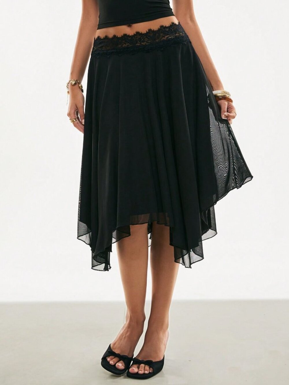 Black Casual Women's Elegant Contrast Asymmetric Hem Skirt